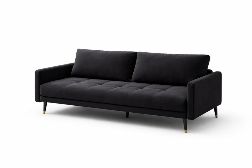 Black Linen Upholstered Sofa with Wood and Metal Legs