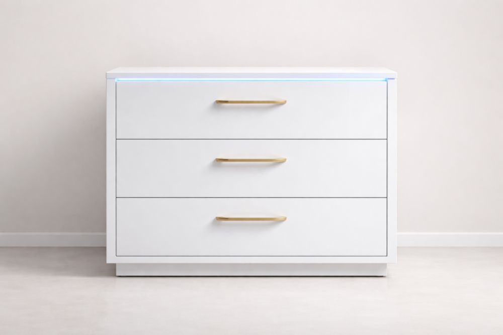 3-Drawer White Wood Dresser with Gold Handles