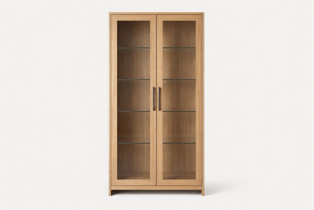 Wood Display Cabinet with Glass Doors and Shelves