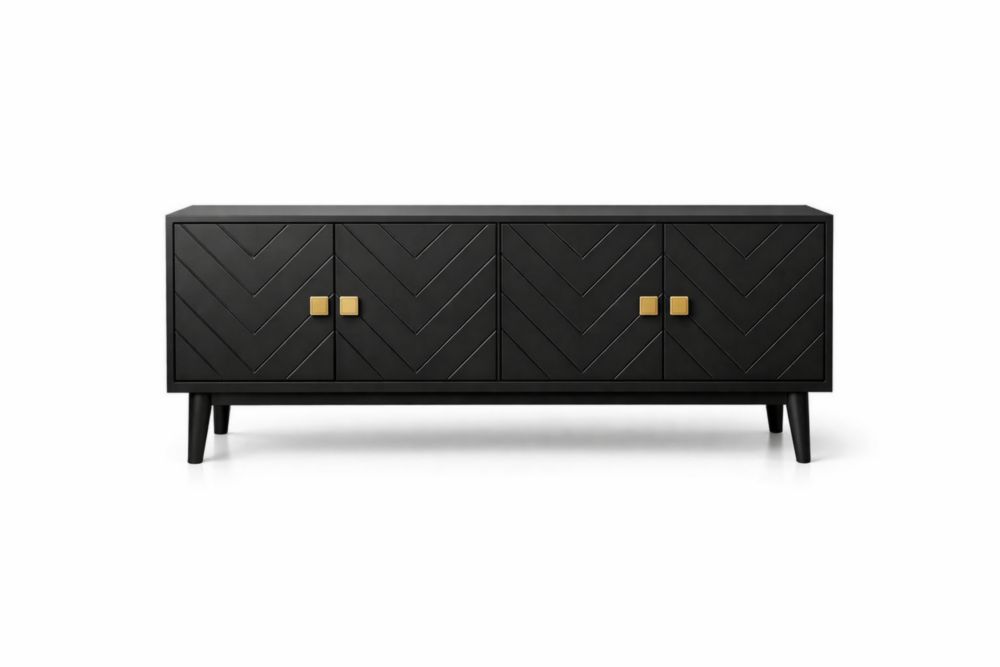 Black Wood Sideboard with Chevron Pattern and Gold Handles 152cm