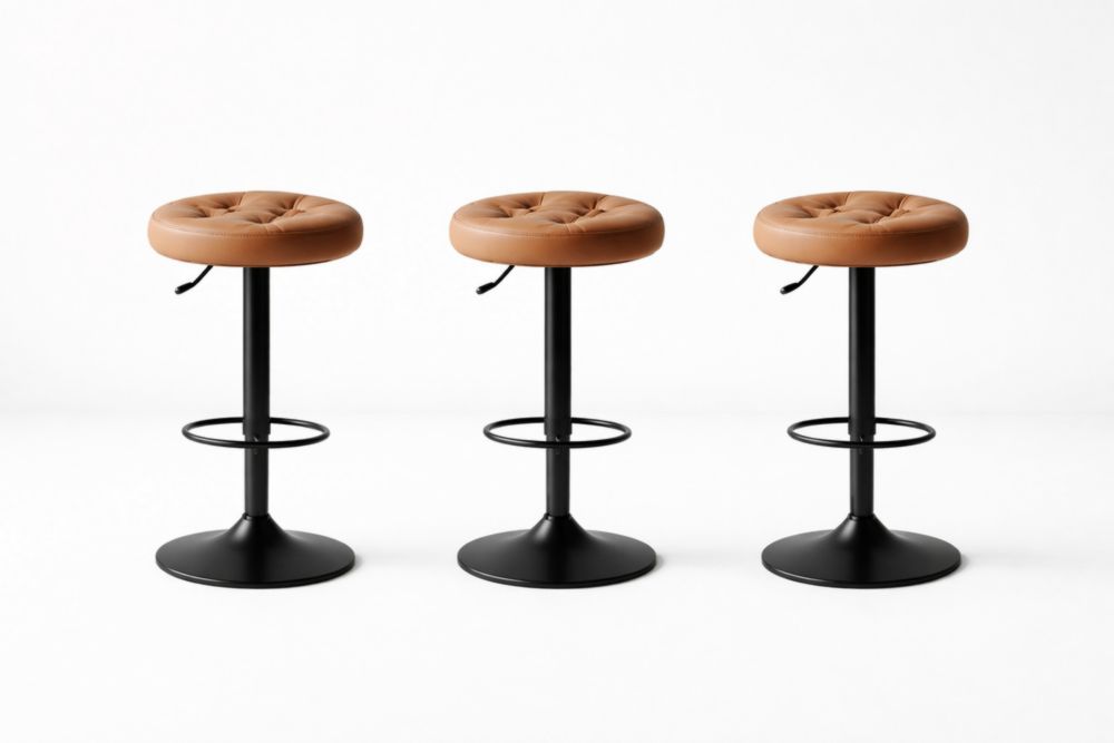 Adjustable Brown PU Leather Swivel Bar Stools Set with Black Metal Base