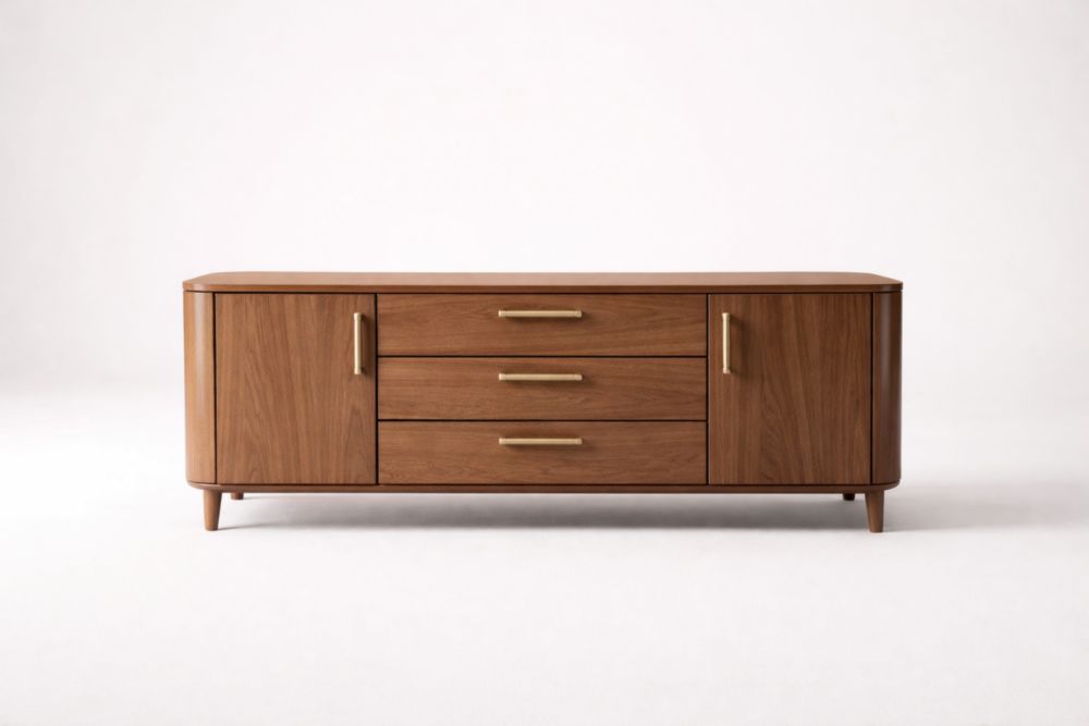 Walnut Wood Sideboard with Brass Handles and Storage Drawers