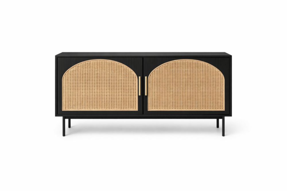 Black Wood and Rattan Sideboard with Metal Legs 120cm