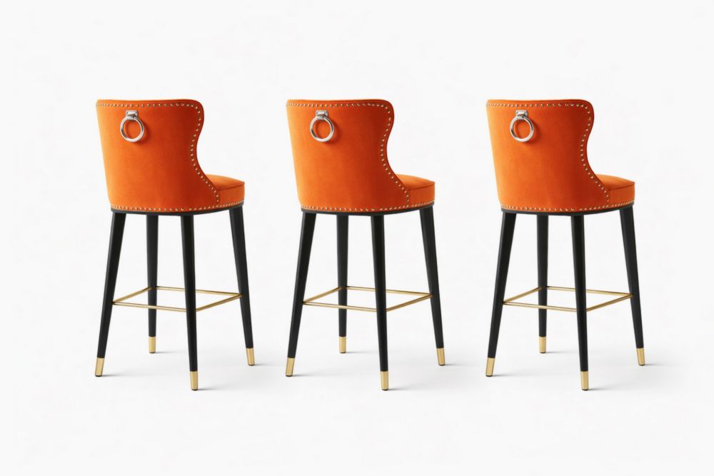 Set of 3 Orange Velvet Bar Stools with Metal Legs and Ring Back