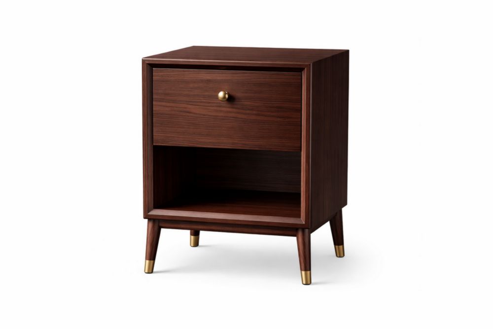 Wooden Nightstand with Brass Handle and Open Storage Brown
