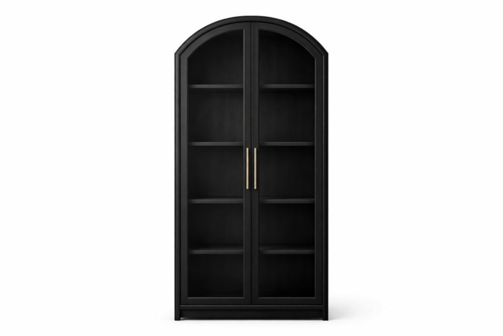 Black Arched Wood Display Cabinet with Glass Doors and Shelves
