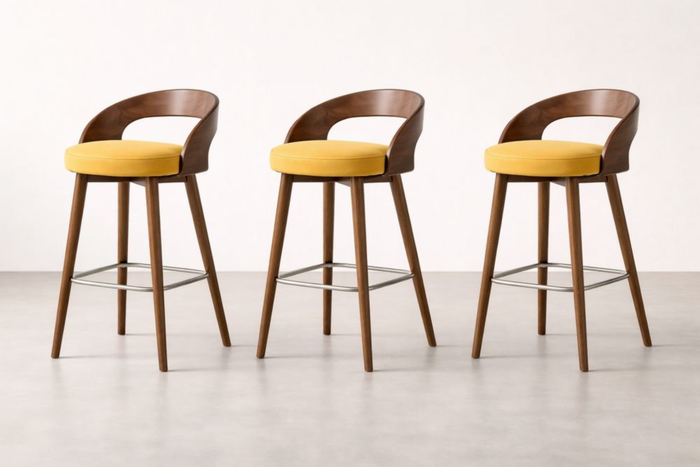 Wooden Frame Bar Stools with Yellow Fabric Cushion Set of 3