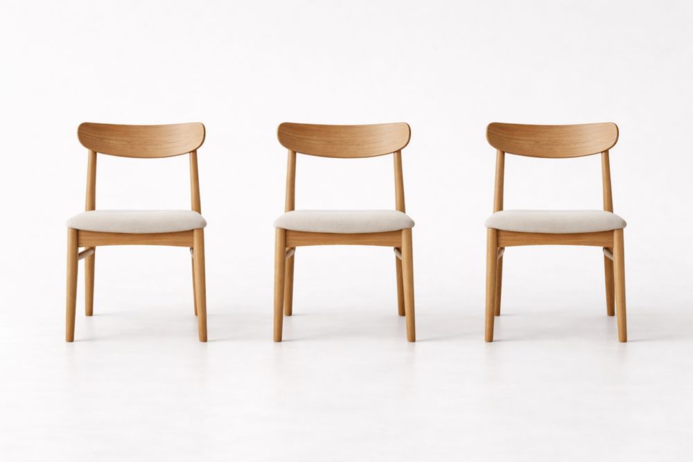 Set of 3 Oak Wood Dining Chairs with Fabric Cushion Beige