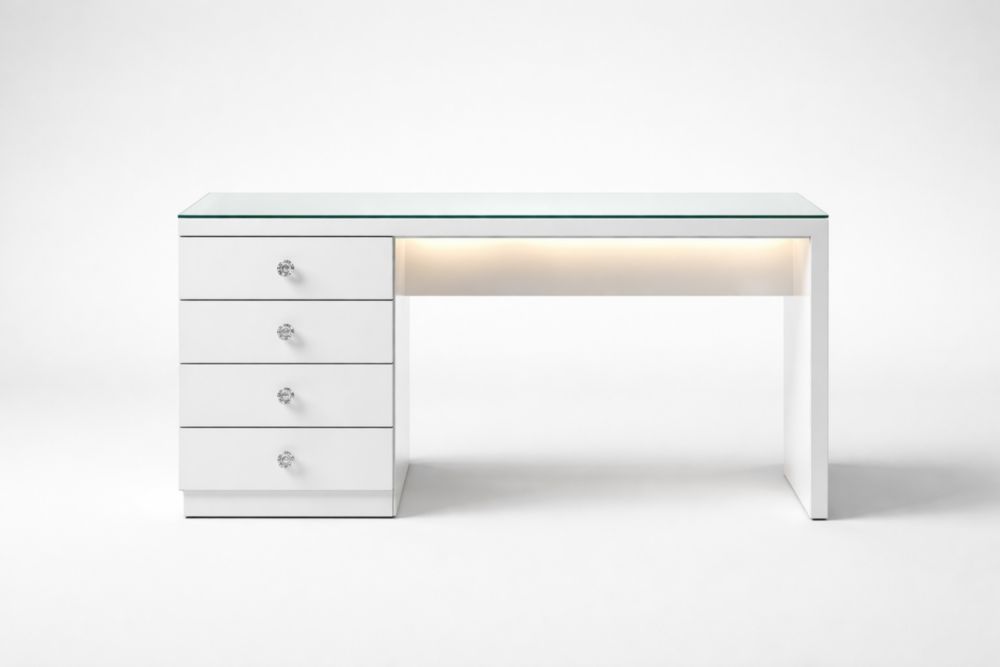 White Glass Top Desk with LED Lighting and Four Drawers