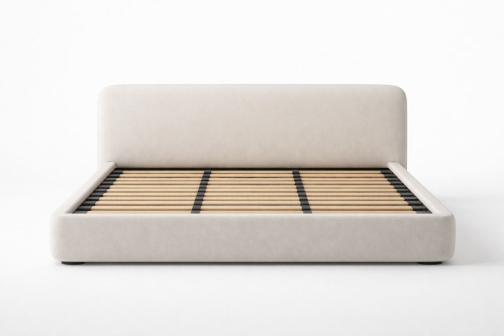 Beige Upholstered Bed Frame with Wood Slats