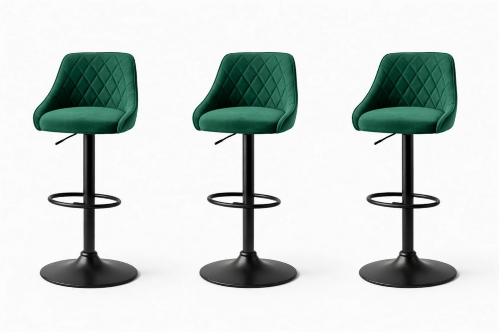 Set of 3 Adjustable Velvet Bar Stools with Metal Base Green
