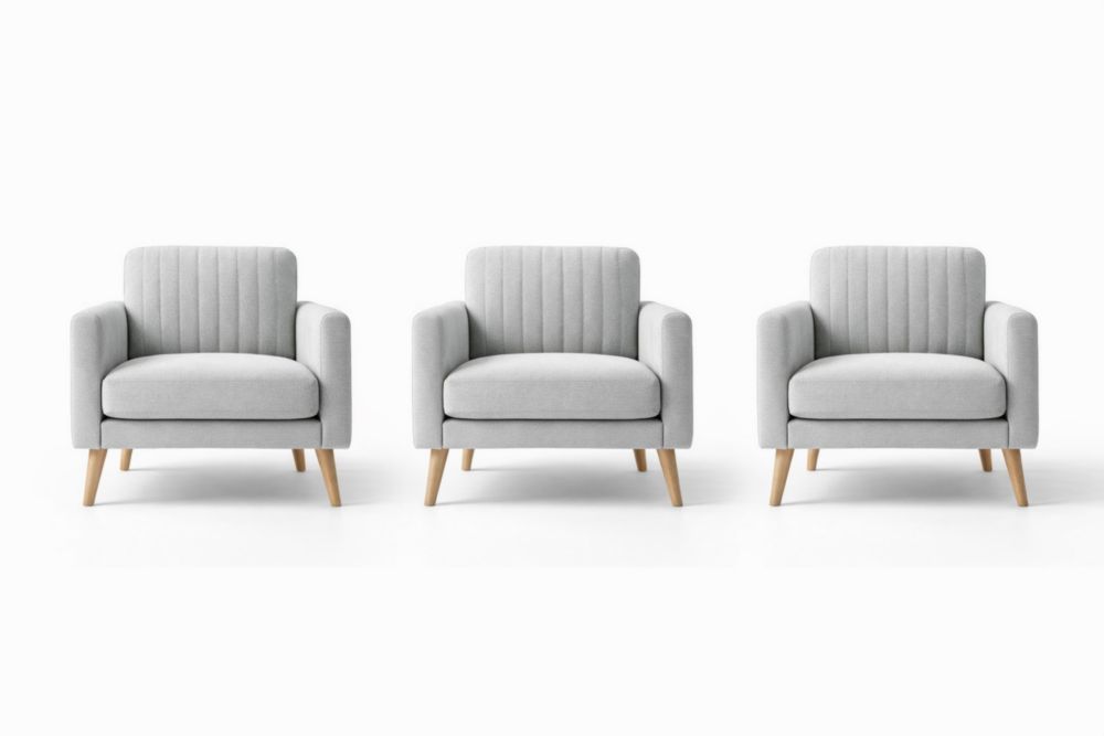 Set of 3 Gray Polyester Armchairs with Wooden Frame