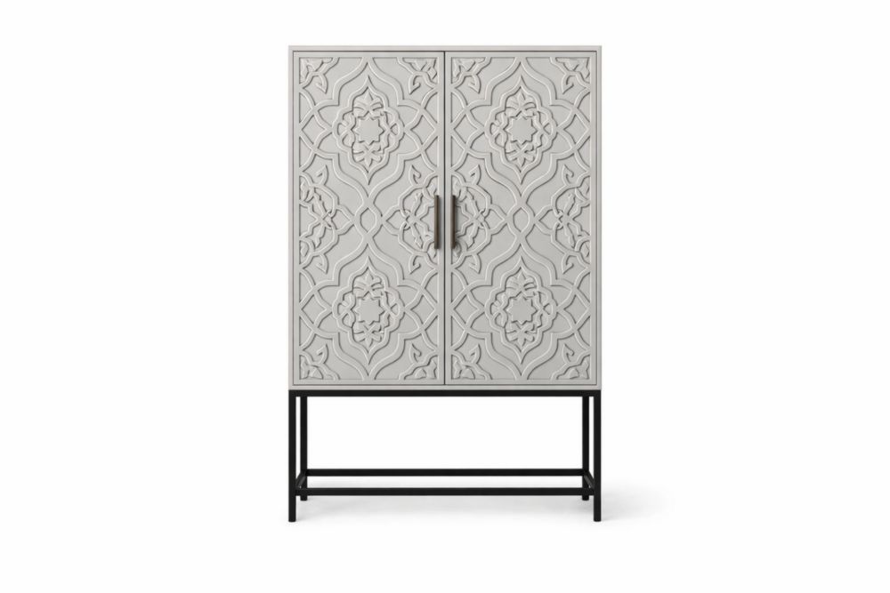 Decorative Wood Cabinet with Carved Pattern and Metal Legs