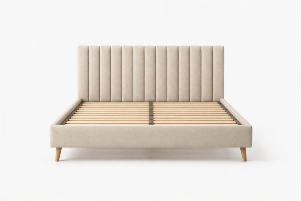 Beige Upholstered Fabric Bed Frame with Wooden Slats