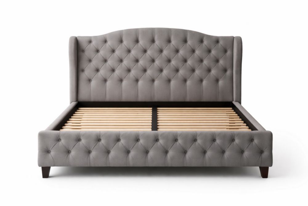 Gray fabric king-size bed frame with button tufted upholstered headboard