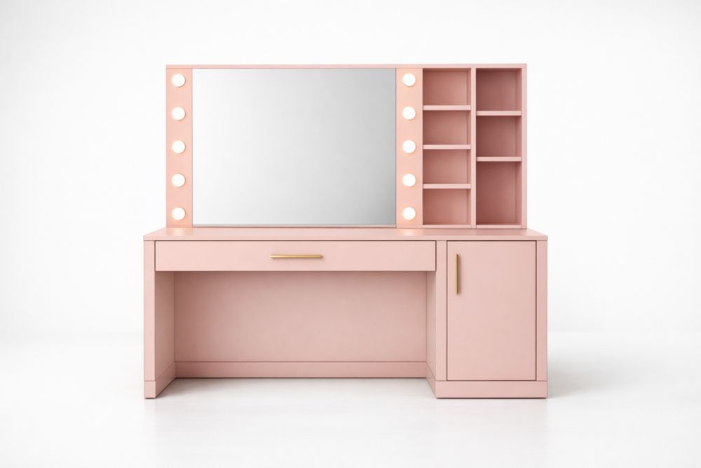 Pink MDF Vanity Table with Shelves and Mirror with Lights