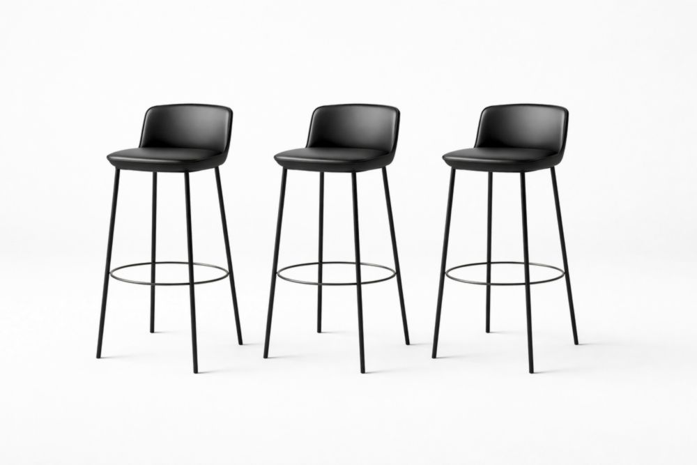 Black Faux Leather Bar Stool Set with Metal Legs, 75cm