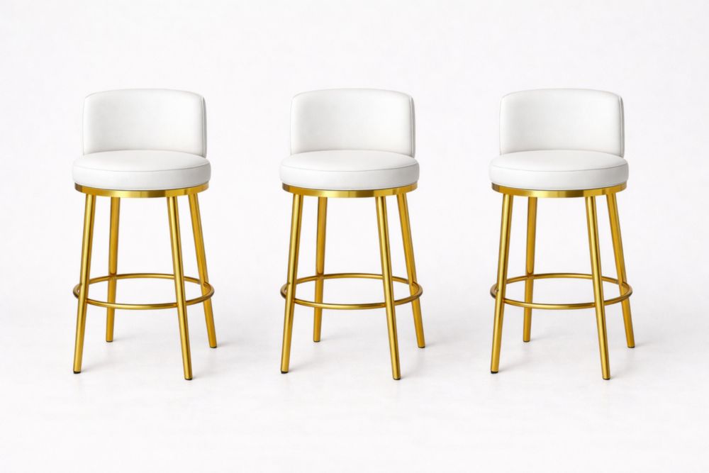 Set of 3 White Faux Leather Bar Stools with Gold Metal Frame