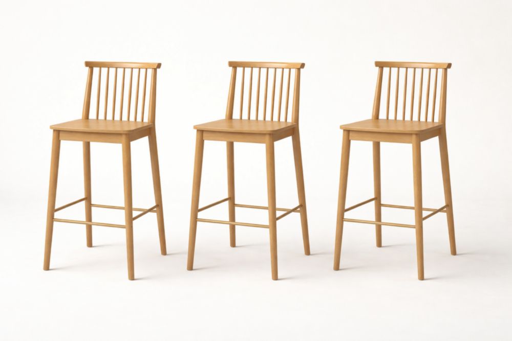Oak Bar Stool Set with Spindle Backrest 102cm Seat Height