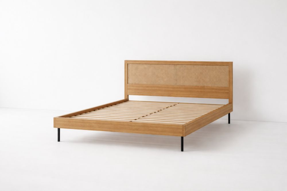 Rattan headboard bed frame with wood and metal materials