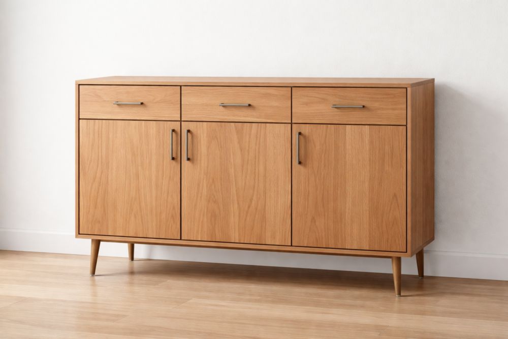 Wooden Sideboard Buffet Cabinet with Drawers and Doors - Natural Oak Finish - 150cm Length