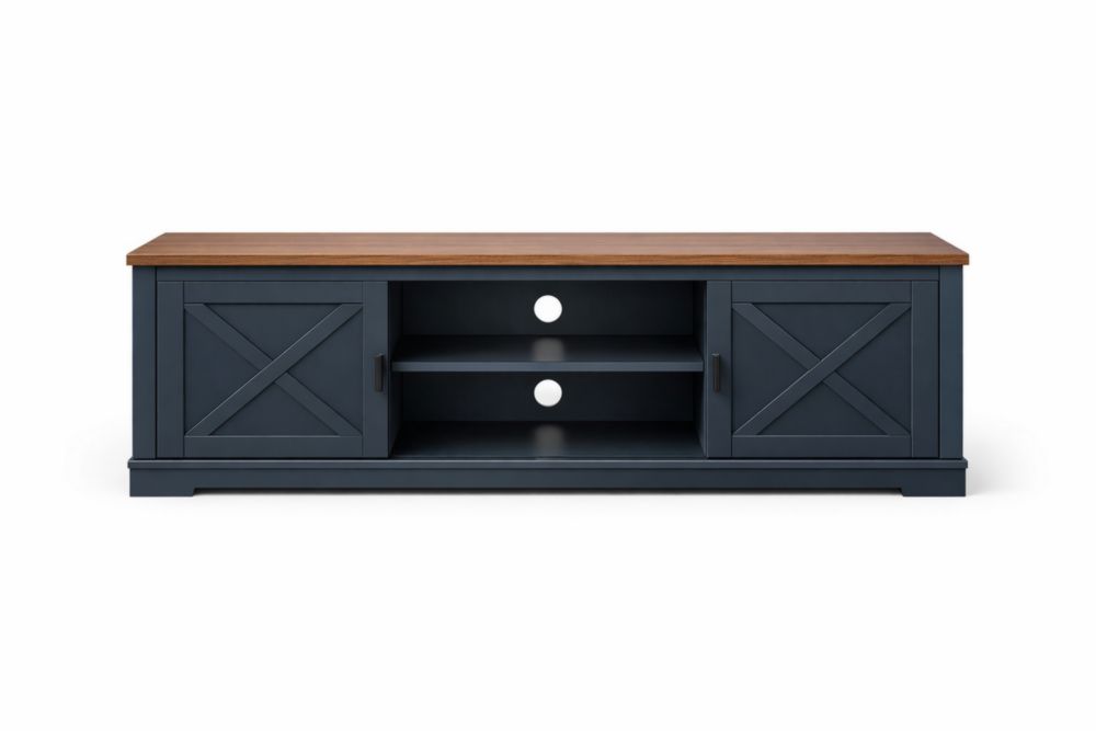 TV Stand MDF and Solid Wood Blue Two-Door Open Shelves 140cm