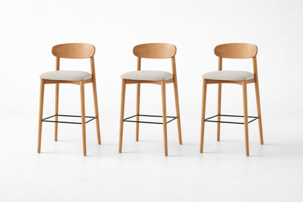 Wood Bar Stool Set with Fabric Seat and Backrest Oak Finish 75cm