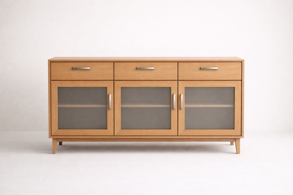 Oak Sideboard with Glass Doors and Metal Handles 152x45x91 cm