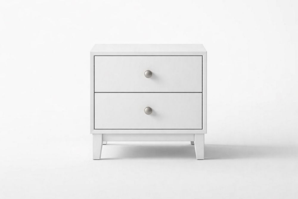 White Wood Nightstand with Two Drawers
