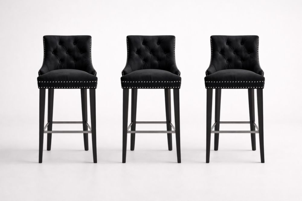 Set of 3 Black Velvet Upholstered Bar Stools with Wood Legs