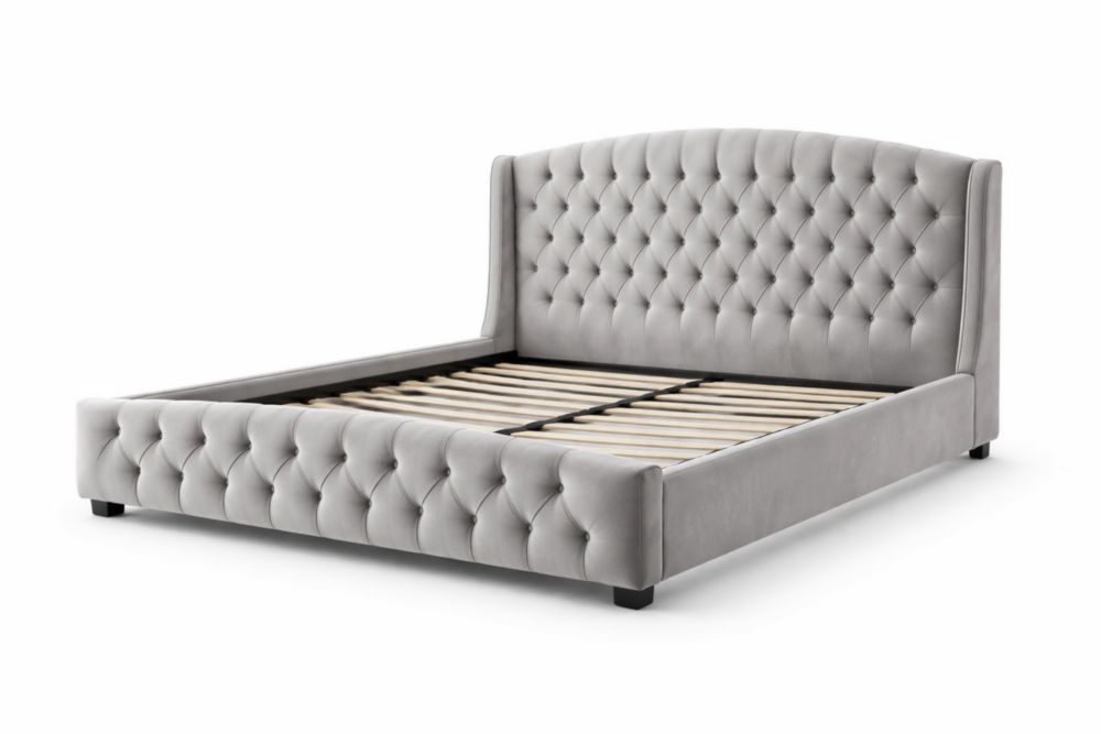 Upholstered Bed Frame Slit Backrest Gray Velvet Bed Frame