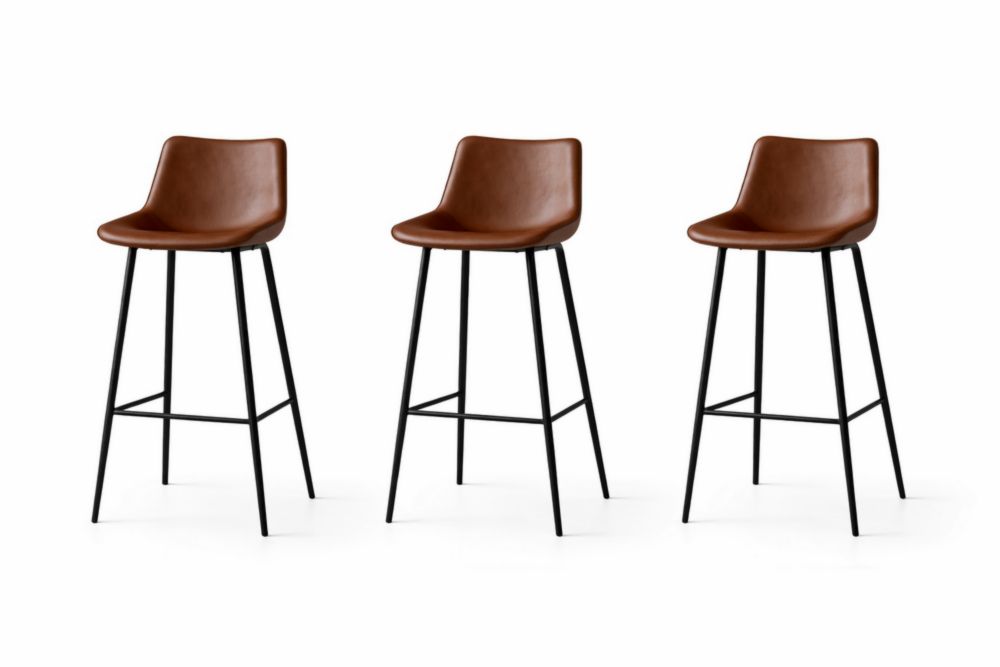 Set of 3 Brown Faux Leather Bar Stools with Black Metal Legs