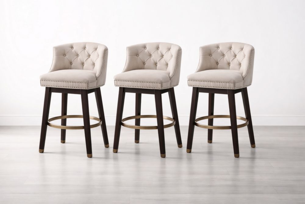 Set of 3 Beige Polyester Counter Stools with Wooden Legs and Button-Tufted Design