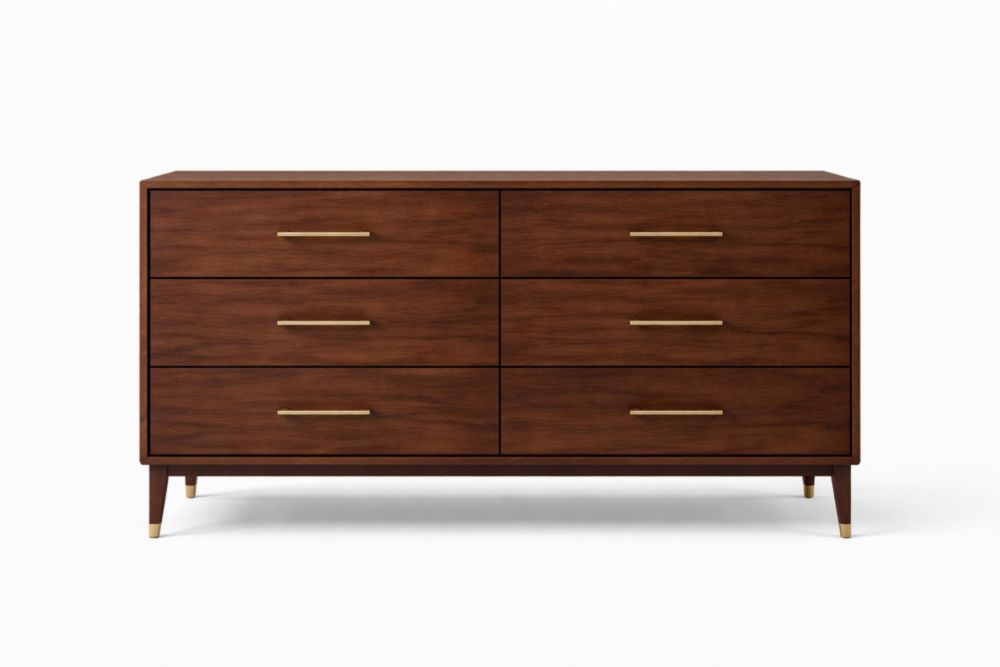 Walnut Wood 6-Drawer Dresser with Brass Handles