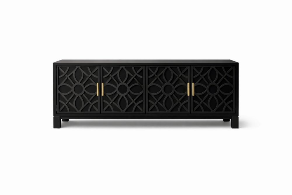 Black Wood TV Stand with Geometric Pattern and Gold Handles