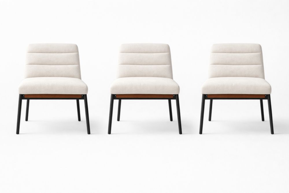 Set of 3 Beige Fabric Armless Chairs with Black Metal Legs