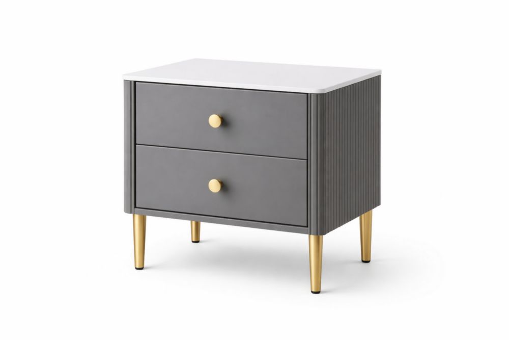 Gray and gold two drawer bedside table with faux marble textured wooden tabletop and metal legs
