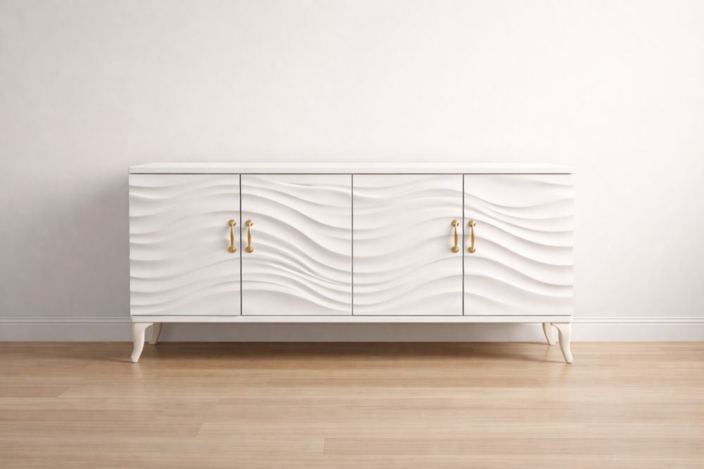 White MDF Sideboard with Gold Handles and Textured Doors