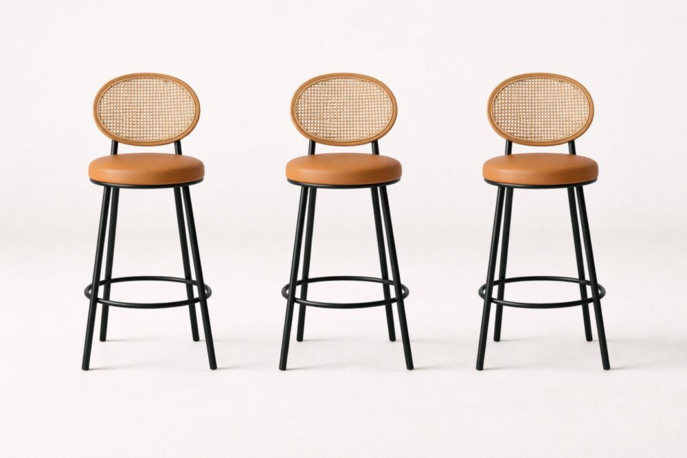 Bar Stools Set of 3 with Woven Backrest and Faux Leather Seat in Black and Tan Steel Frame