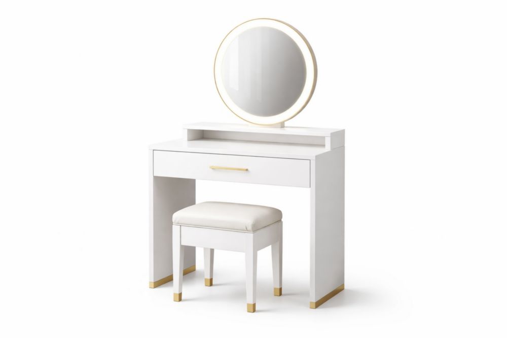 White MDF Vanity Set with LED Mirror and Faux Leather Stool