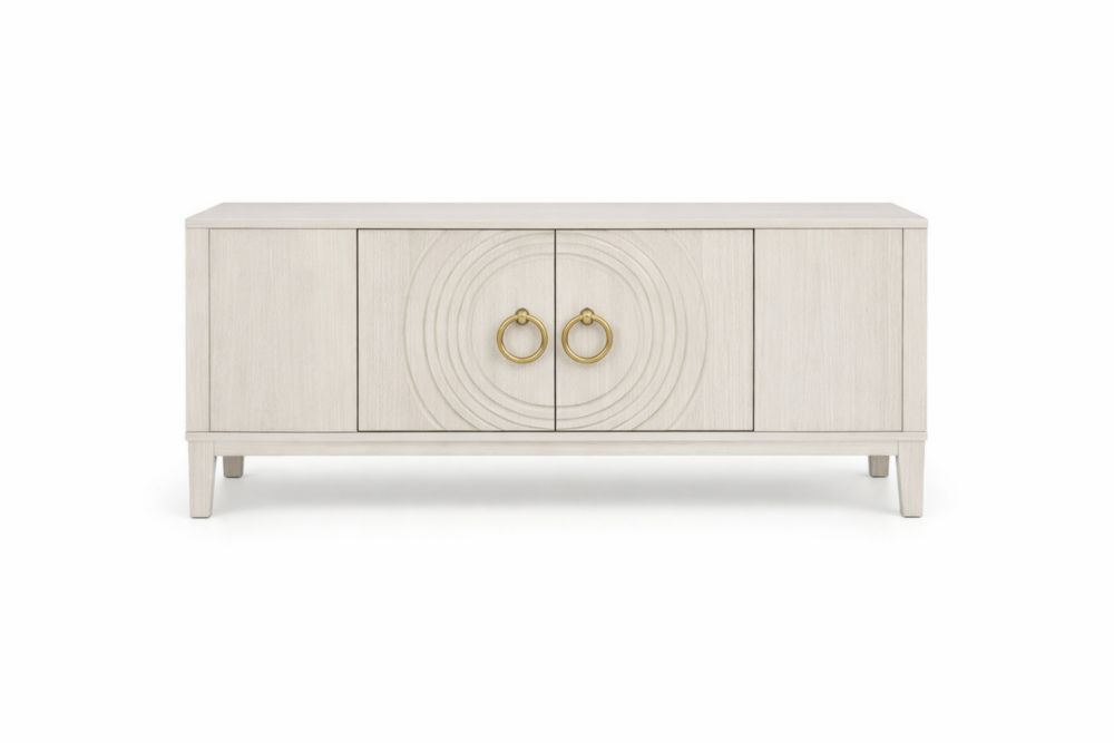 White Wood Sideboard with Brass Handles and Carved Doors
