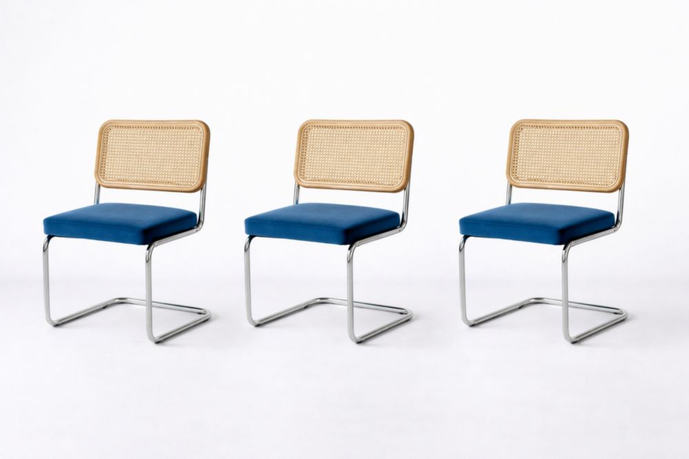 Set of 3 Chrome Frame Dining Chairs with Rattan Backrest and Blue Fabric Seat