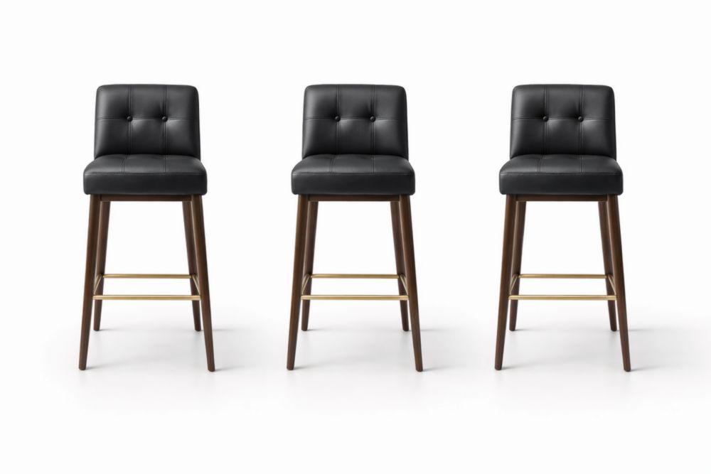 Black Faux Leather Bar Stools Set with Wood Legs and Gold Stretchers 40 Inch Height