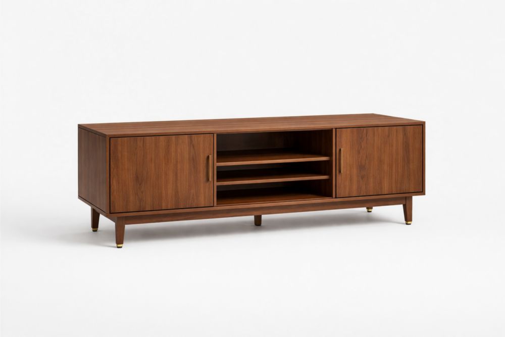 Walnut TV Stand with Shelving and Cabinet Storage