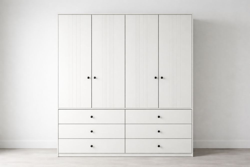 White Wooden Wardrobe with 4 Doors and 6 Drawers