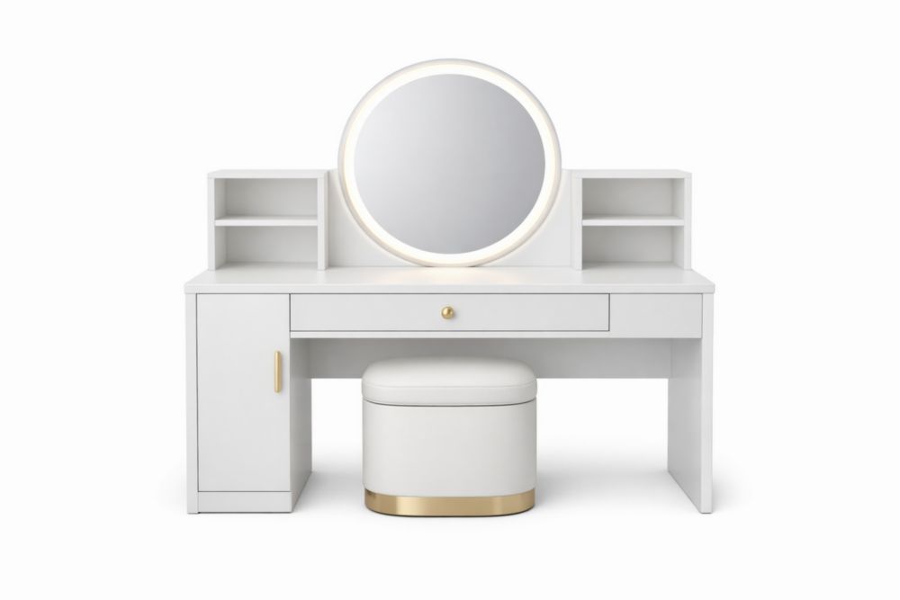White MDF Vanity Table Set with LED Mirror and Storage