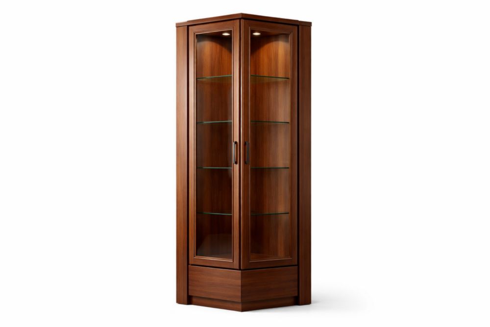 Corner Curio Cabinet with Glass Shelves and LED Lighting in Walnut Finish