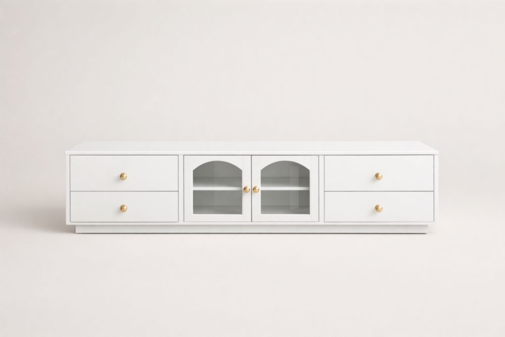 White TV Stand MDF and Tempered Glass with Four Drawers and Two Glass Doors