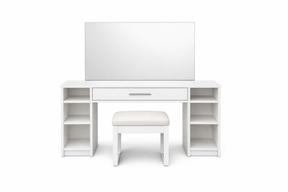 White MDF Vanity Table Set with Mirror and Faux Leather Stool