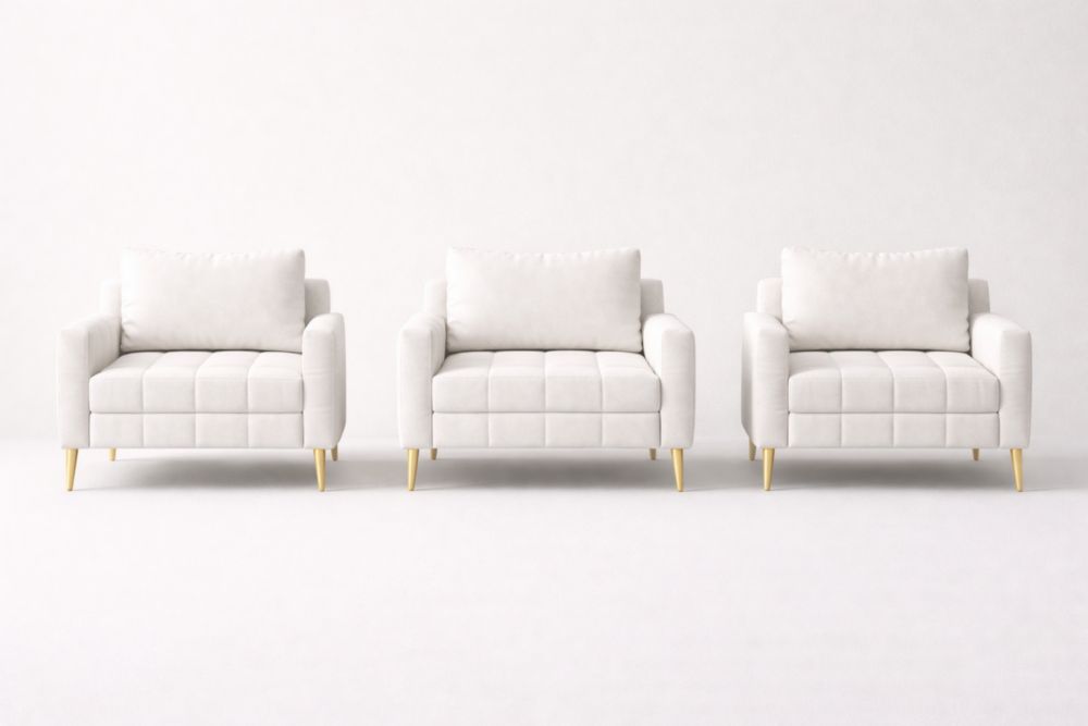 White Fabric Armchair Set with Gold Metal Legs